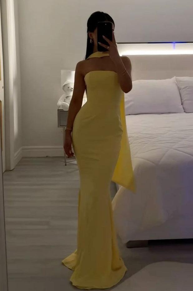 Suzhoufashion Mermaid Strapless Yellow Long Prom Dress With Scarf Formal Evening Gown