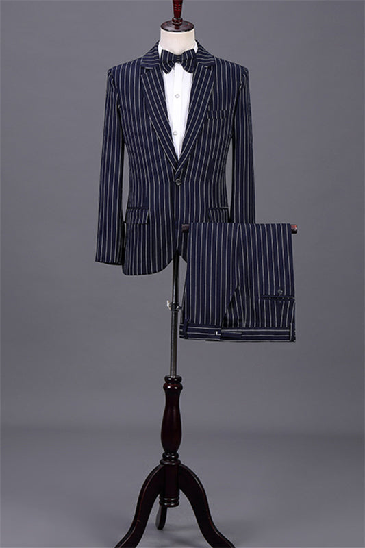 Classic Navy Blue Notched Lapel 2 Piece Striped Business Suit