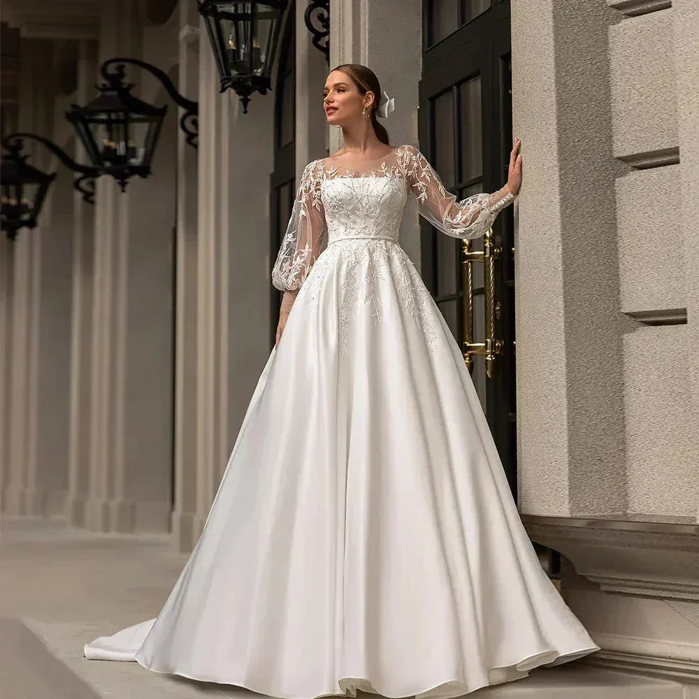 Classic Wedding Dresses Women O-Neck Full Sleeves Bride Dress Satin With Applique Sweep Train A-Line Custom Occasion Gowns (ZD13474) - VelvetHem