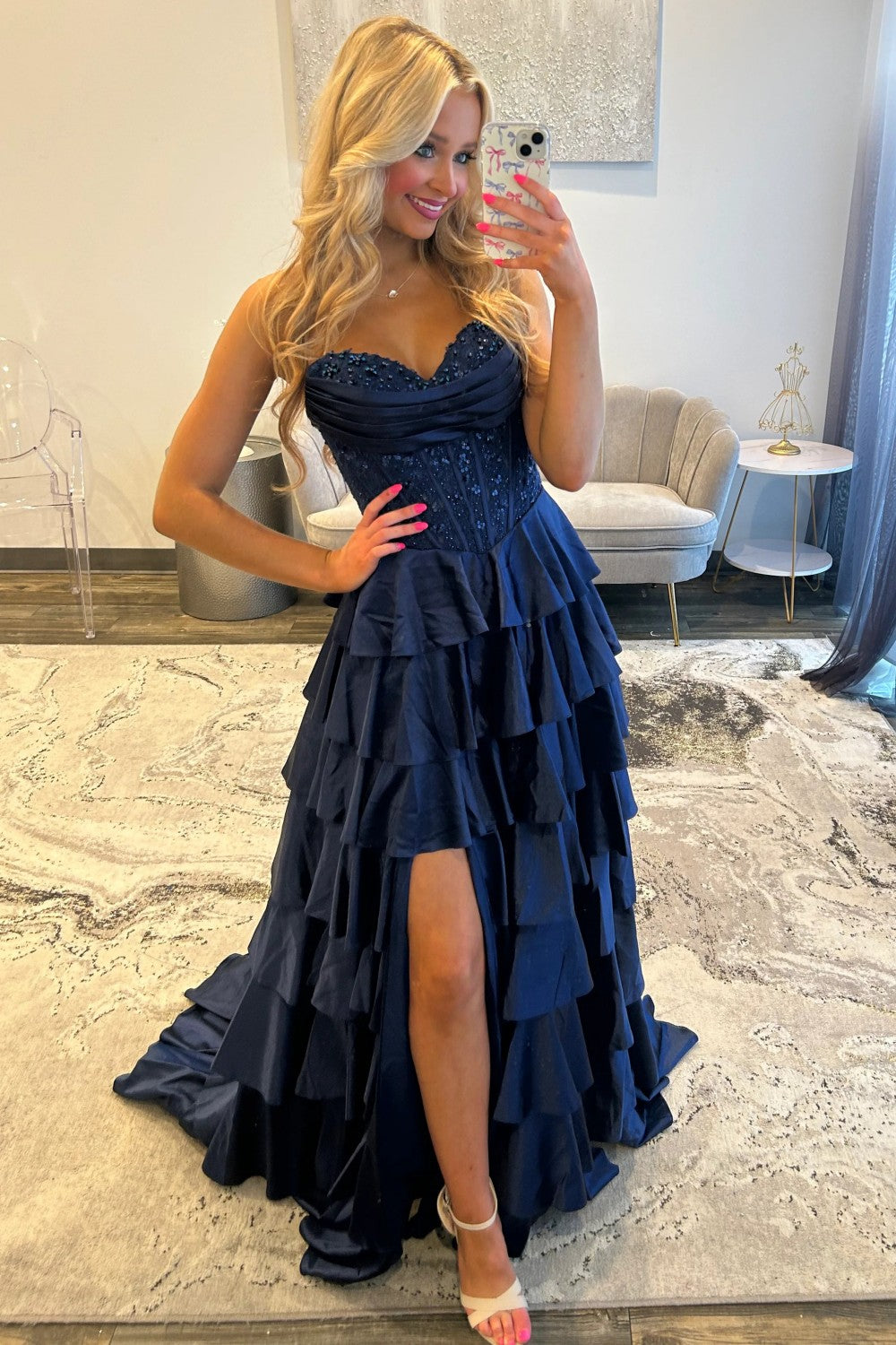Trendy A Line Sweetheart Navy Corset Prom Dress with Appliques Ruffles - VelvetHem