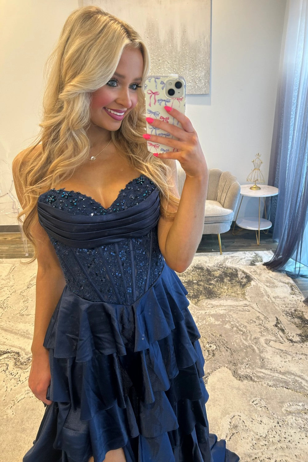 Trendy A Line Sweetheart Navy Corset Prom Dress with Appliques Ruffles - View 3 | VelvetHem