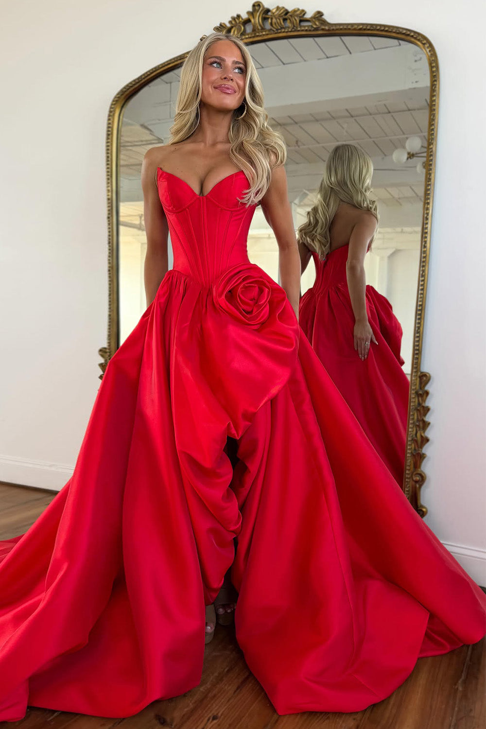 Gorgeous A Line Sweetheart Red Corset Prom Dress with 3D Flowers