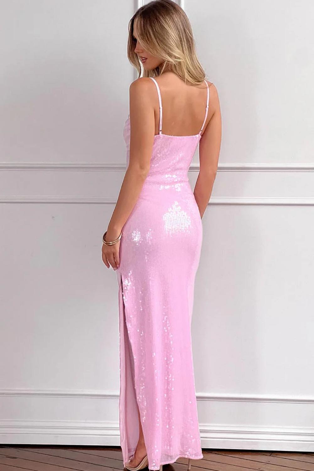 Classic Sheath Spaghetti Straps Candy Pink Long Prom Dress with Split Front