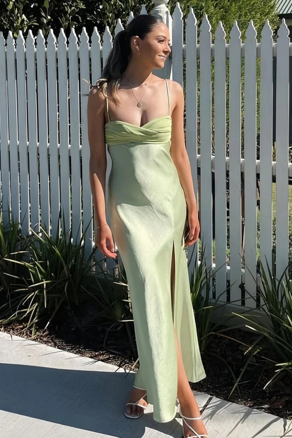 Classic Sheath Spaghetti Straps Mint Green Tea Length Party Dress with Slit - View 4 | VelvetHem