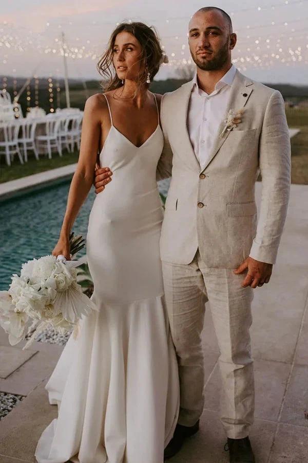 Classic Spaghetti Straps V-Neck Beach Simple Ivory Wedding Dress (ZD16172) - VelvetHem