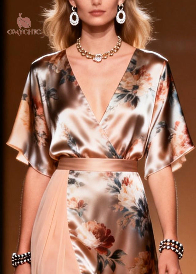 Classy Apricot Asymmetrical Patchwork Print Chiffon Long Dress Summer