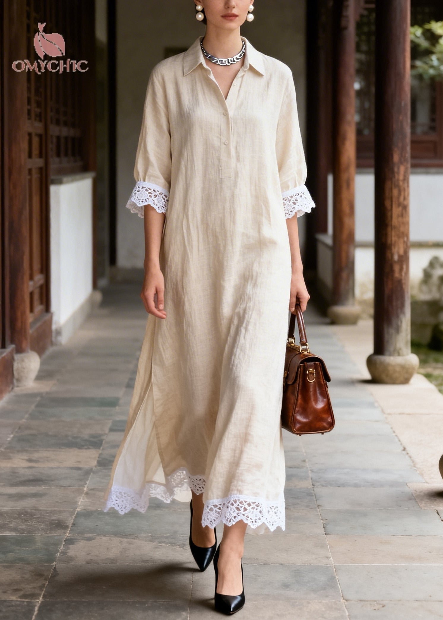 Classy Beige Peter Pan Collar Patchwork Lace Long Dresses Summer