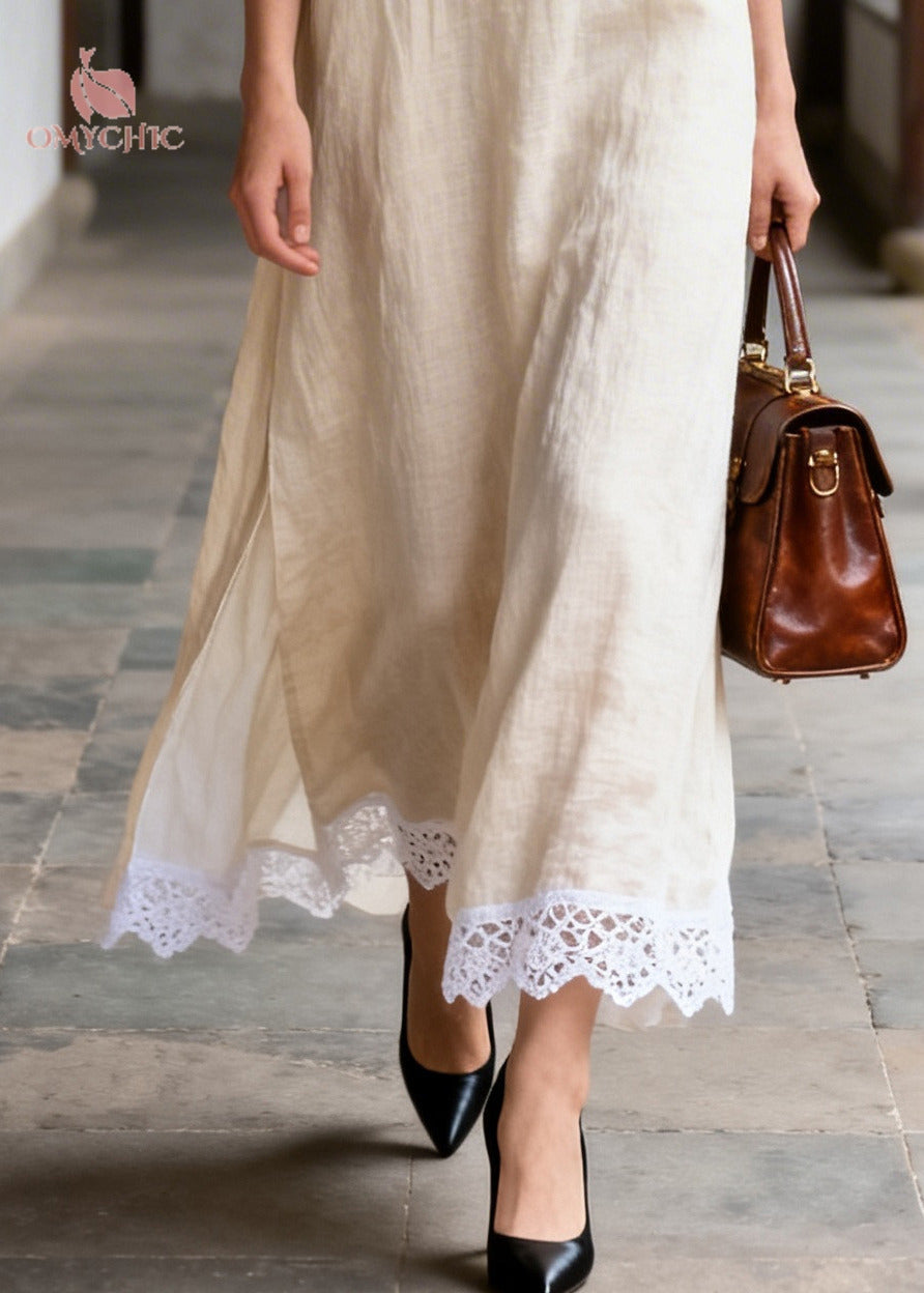 Classy Beige Peter Pan Collar Patchwork Lace Long Dresses Summer