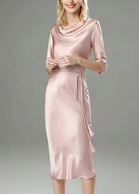 Classy Black Tie Waist Solid Silk Long Dress Half Sleeve