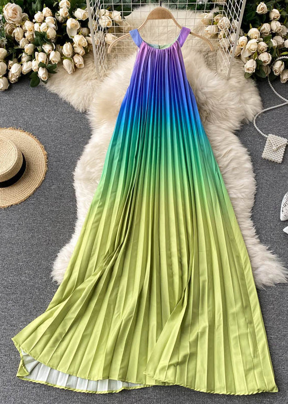 Classy Blackish Green O-Neck Zippered Gradient Color Long Pleated Dress Sleeveless