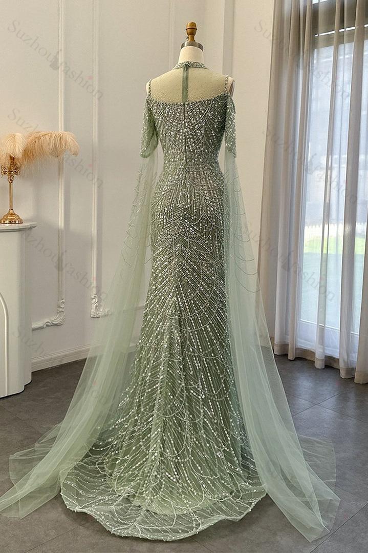 Classy High Neck Pearls Prom Dress Mermaid Long With Ruffle