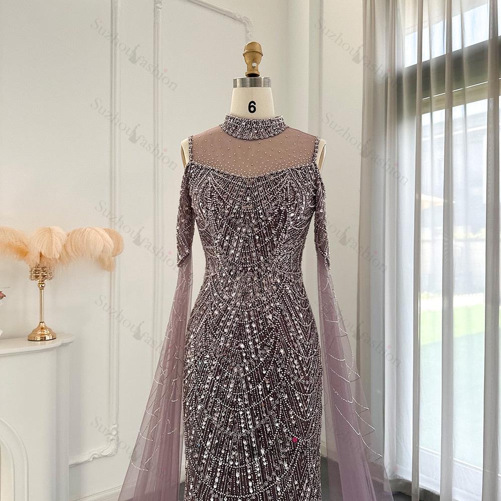 Classy High Neck Pearls Prom Dress Mermaid Long With Ruffle