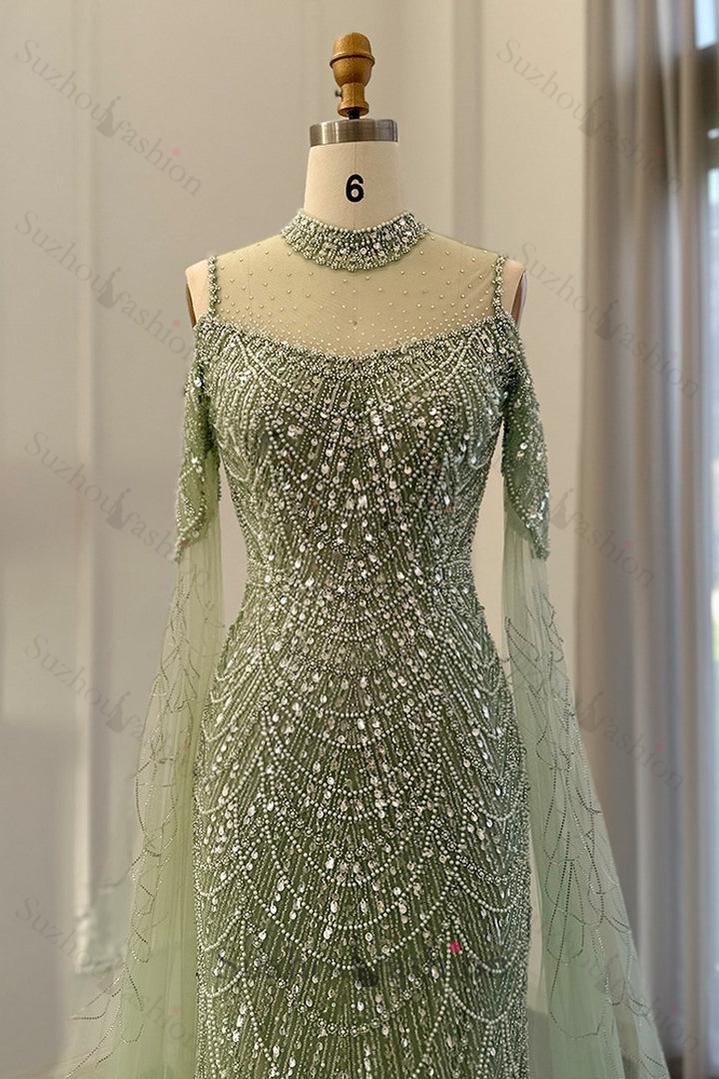 Classy High Neck Pearls Prom Dress Mermaid Long With Ruffle