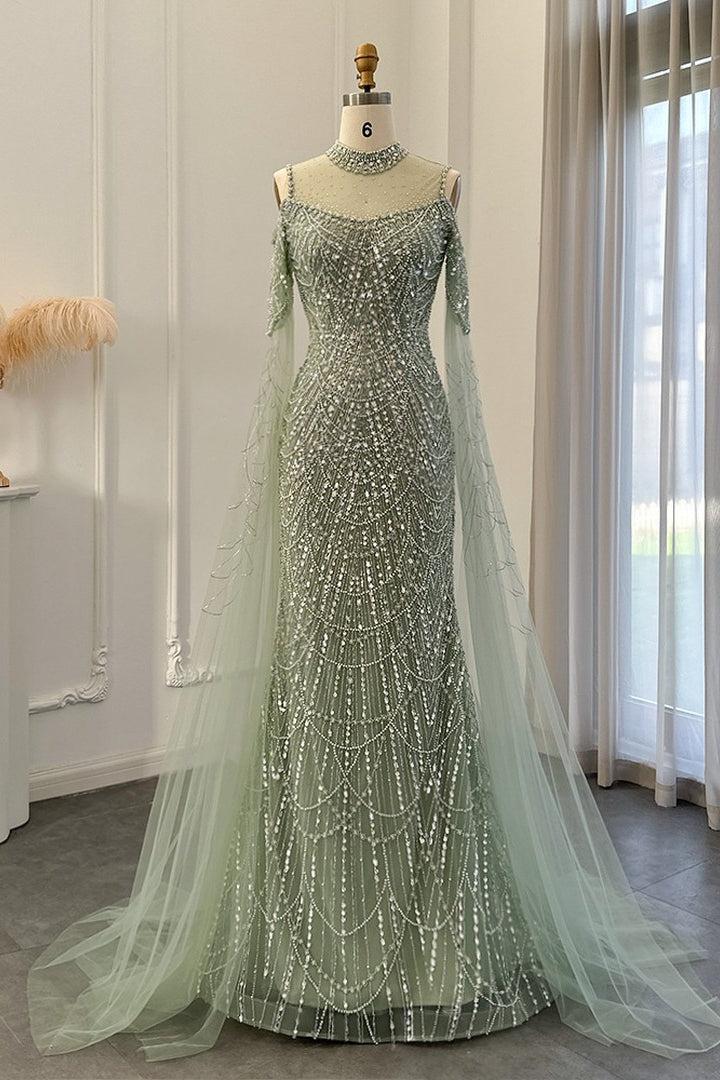 Classy High Neck Pearls Prom Dress Mermaid Long With Ruffle