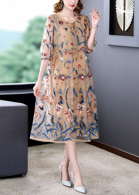 Classy Khaki Print Wrinkled Lace Up Patchwork Silk Dresses Summer