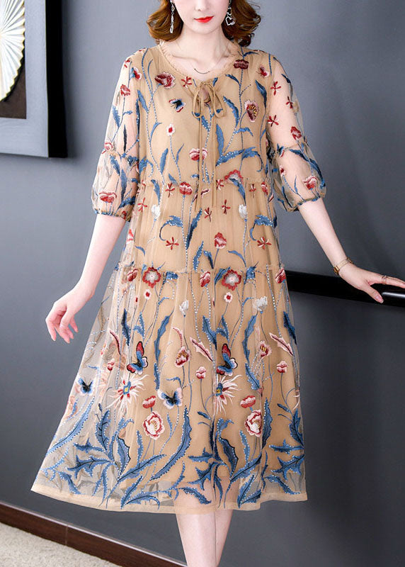 Classy Khaki Print Wrinkled Lace Up Patchwork Silk Dresses Summer