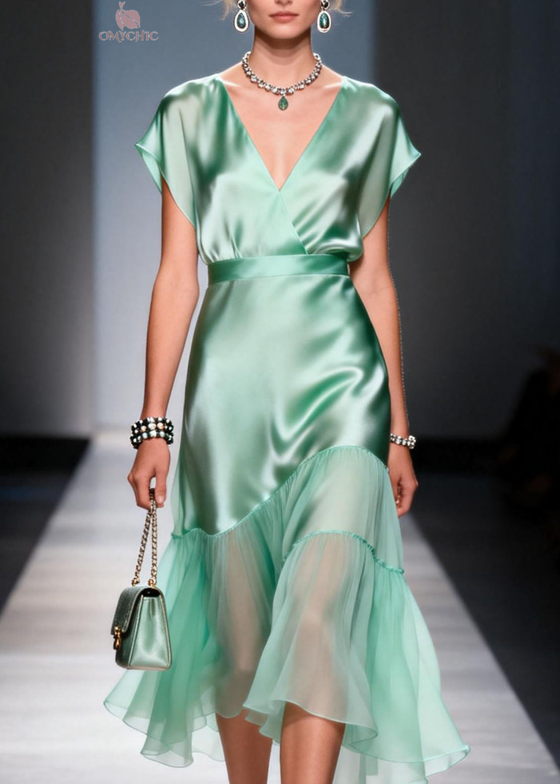Classy Light Green V Neck Asymmetrical Patchwork Silk Dresses Summer