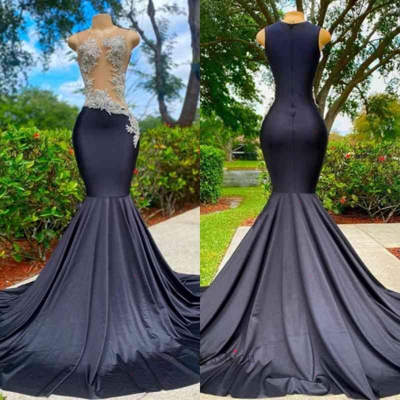 Classy Long Black Jewel Mermaid Lace Prom Dresses with Appliques