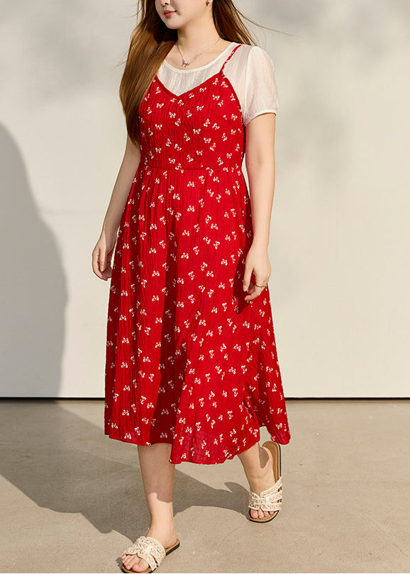 Classy Red Print Patchwork Chiffon Fake Two Piece Dresses Summer