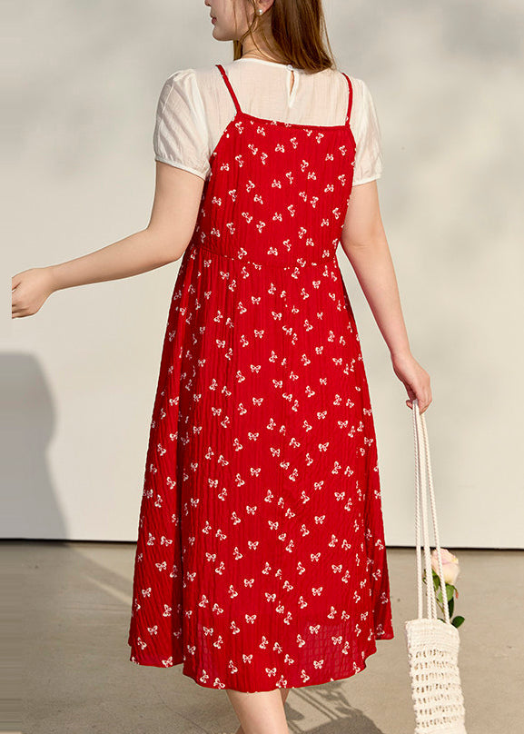 Classy Red Print Patchwork Chiffon Fake Two Piece Dresses Summer
