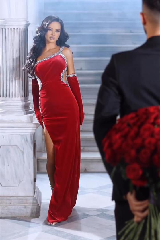 Classy Red Straps Sequins Mermaid Evening Dresses With Split
