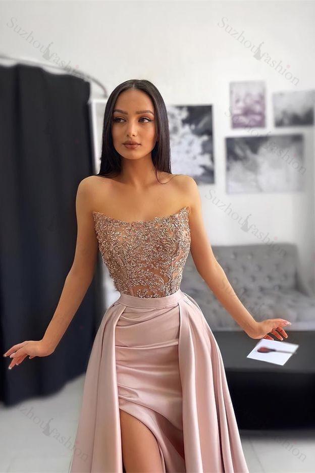 Classy Strapless Dusty Pink Evening Prom Dresses Mermaid Slit With Lace Appliques