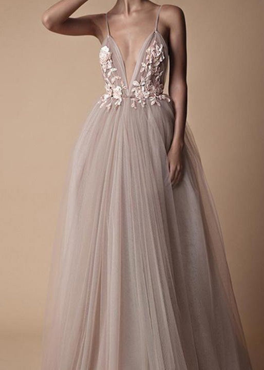 Classy V Neck Floral Tulle Spaghetti Strap Dress Summer