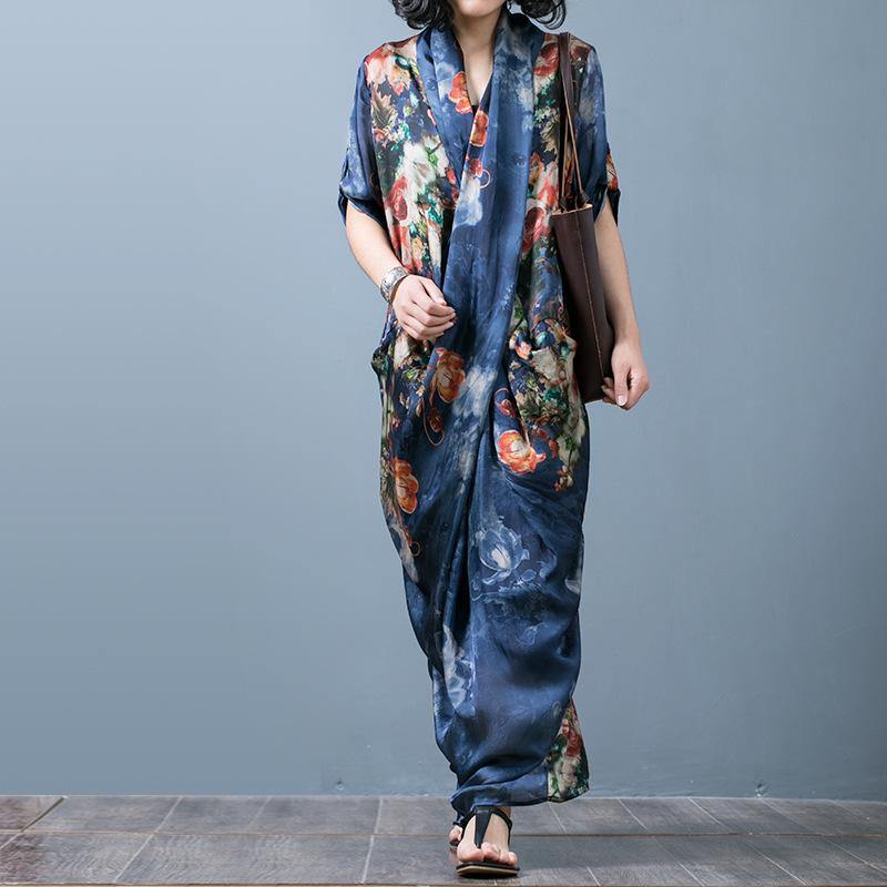 Classy Asymmetric Silk Clothes For Women Blue Print Dresses Summer ( Limited Stock)