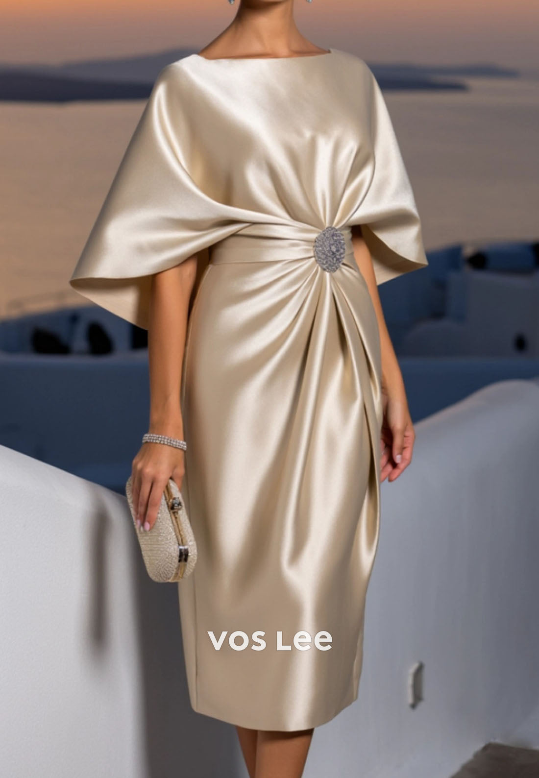 Cocktail Satin Dress Champagne Crew Neck Knee-Length Dress