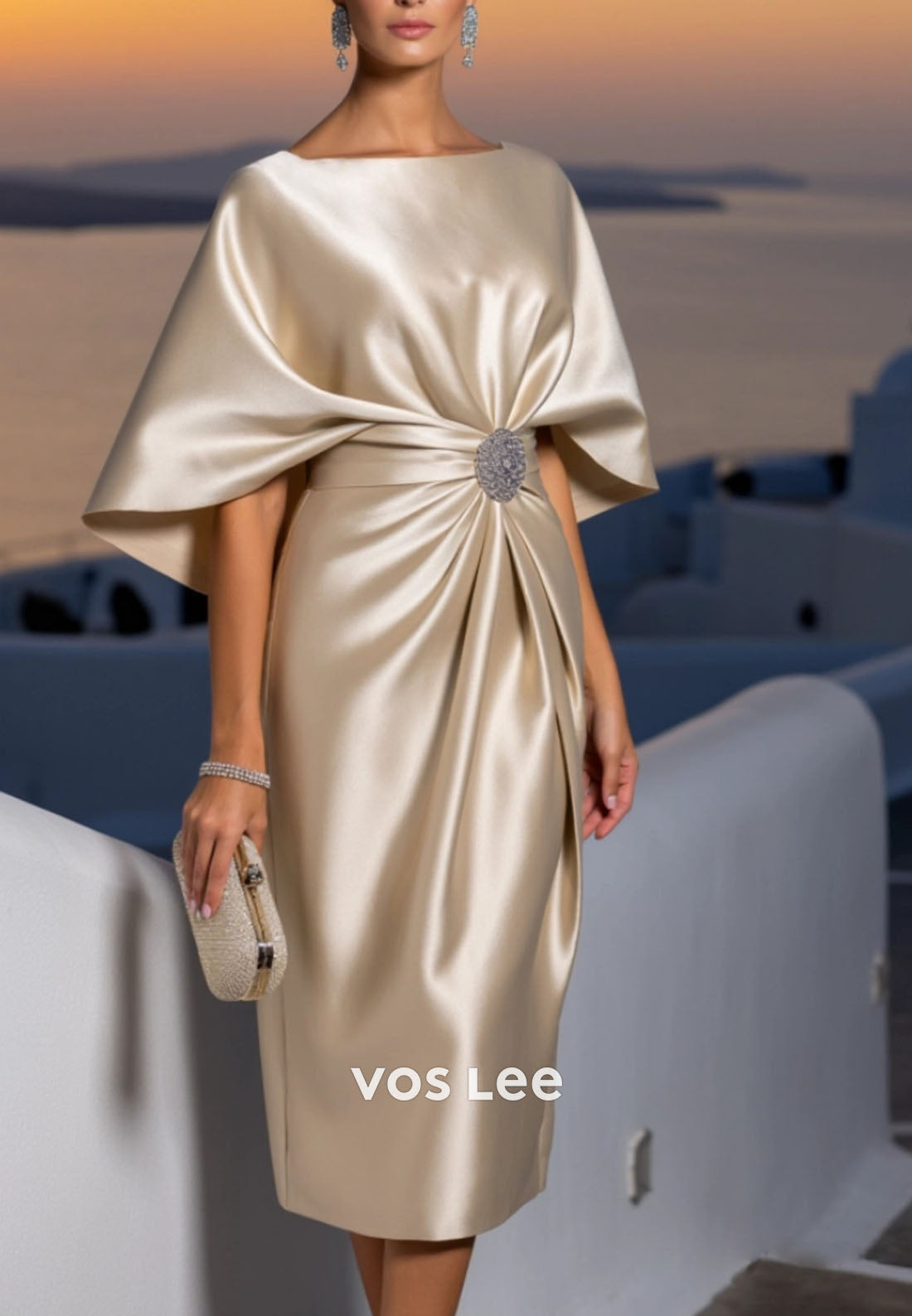 Cocktail Satin Dress Champagne Crew Neck Knee-Length Dress