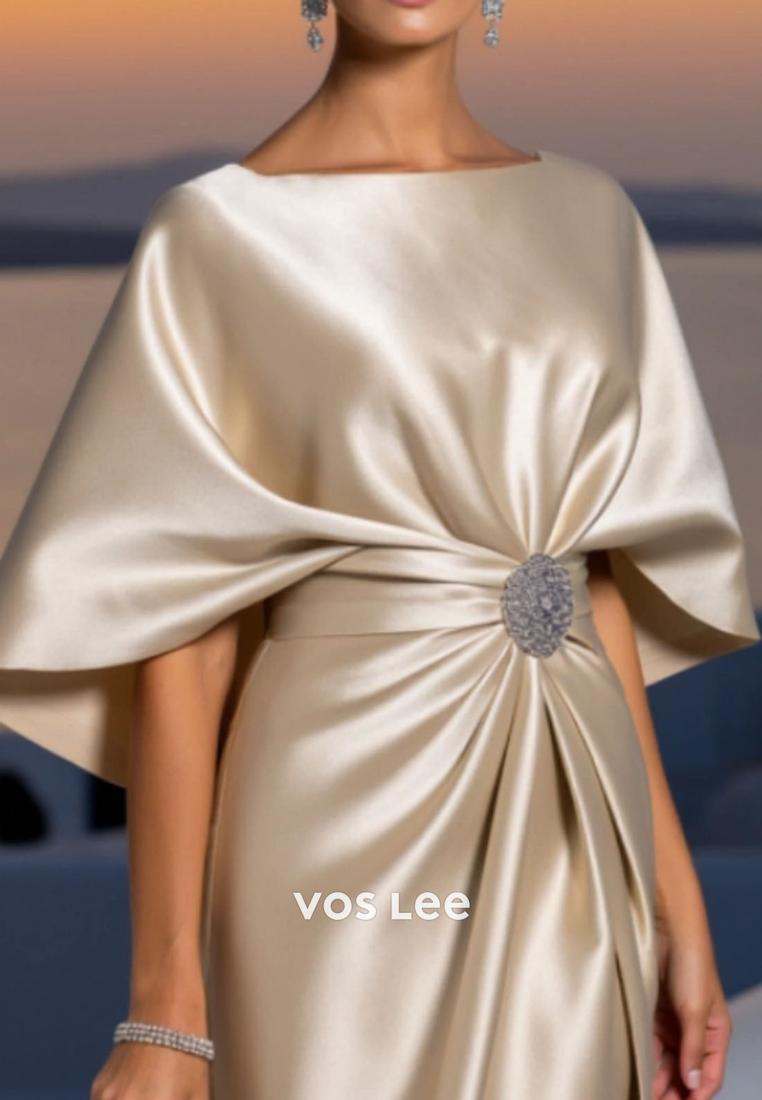 Cocktail Satin Dress Champagne Crew Neck Knee-Length Dress