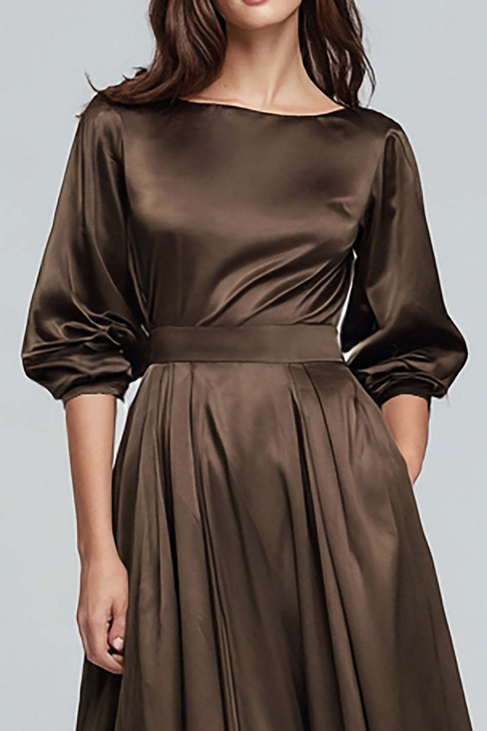 Suzhoufashion Coffee Satin Half Sleeves A-Line Long Evening Dress