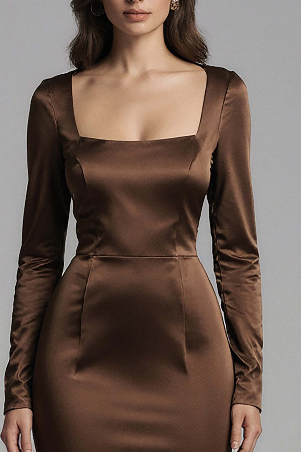 Suzhoufashion Coffee Satin Mermaid Square Neck Long Evening Dress With Sleeves