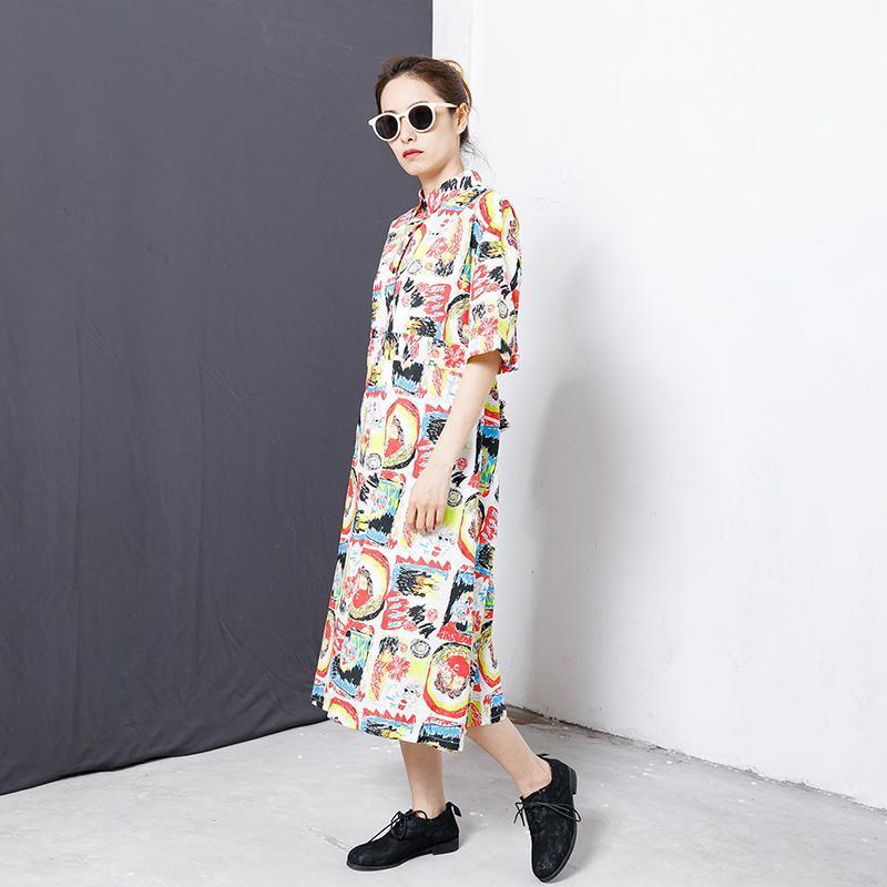 Colorful Graffiti Lacing Split Hem Loose Dress