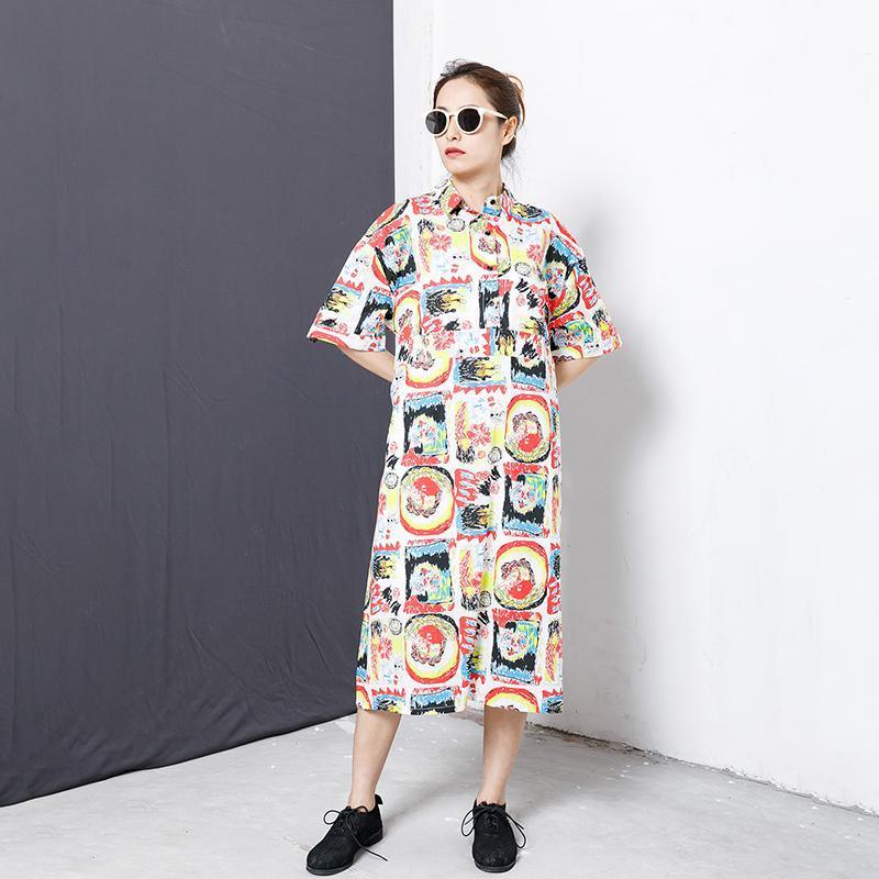Colorful Graffiti Lacing Split Hem Loose Dress
