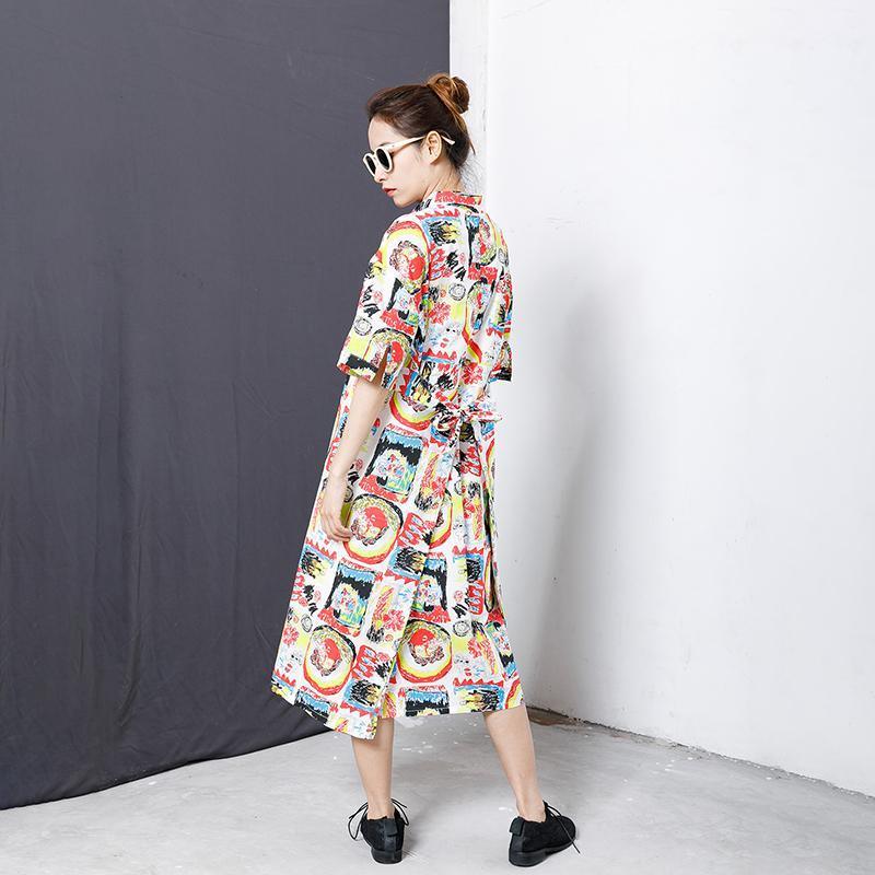 Colorful Graffiti Lacing Split Hem Loose Dress