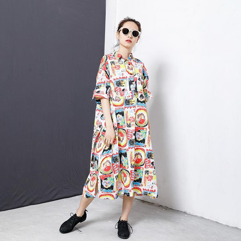 Colorful Graffiti Lacing Split Hem Loose Dress