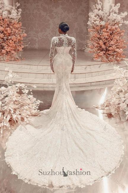 Column Lace High Neck Long Sleeve White Wedding Dress Long Bridal Gown With Appliques Train