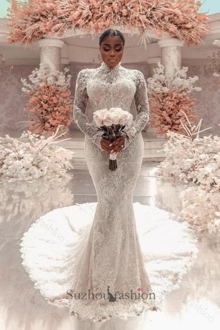 Column Lace High Neck Long Sleeve White Wedding Dress Long Bridal Gown With Appliques Train