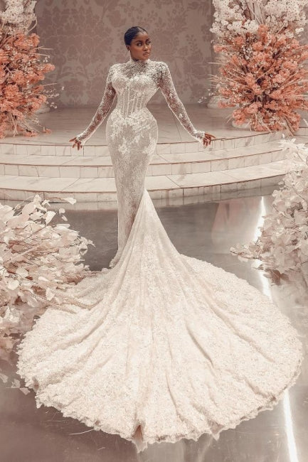 Column Lace High Neck Long Sleeve White Wedding Dress Long Bridal Gown With Appliques Train
