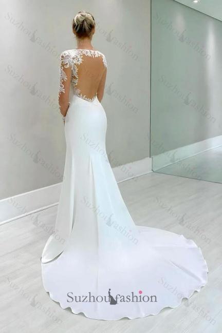 Column Satin Lace Long Sleeve White Wedding Dress Bridal Gown With Appliques