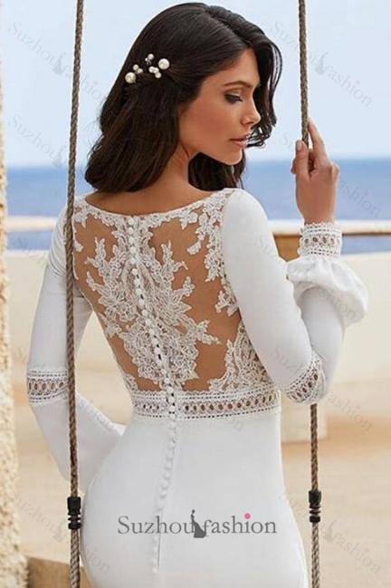 Column Satin Long Sleeve White Beach Wedding Dress Bridal Gown With Appliques