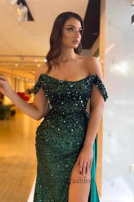 Column Satin Prom Dress Off The Shoulder Sleeveless Green Formal Dress With Slit