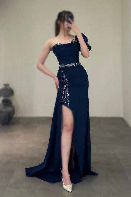 Column Satin Prom Dress One Shoulder Sleeveless Formal Dress With Sequined Split
