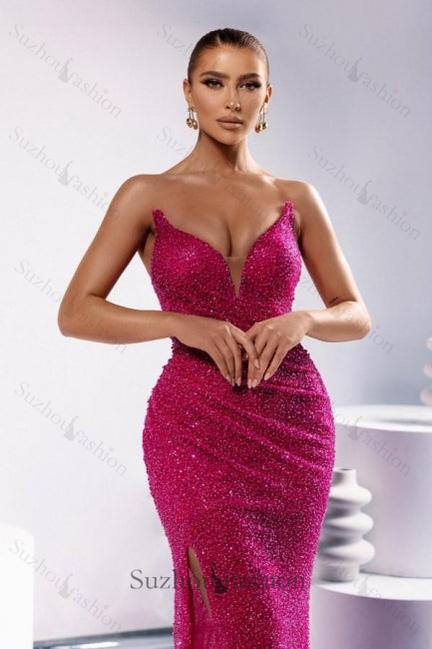 Column Sequined Prom Dress V Neck Sleeveless Formal Dress With Slit