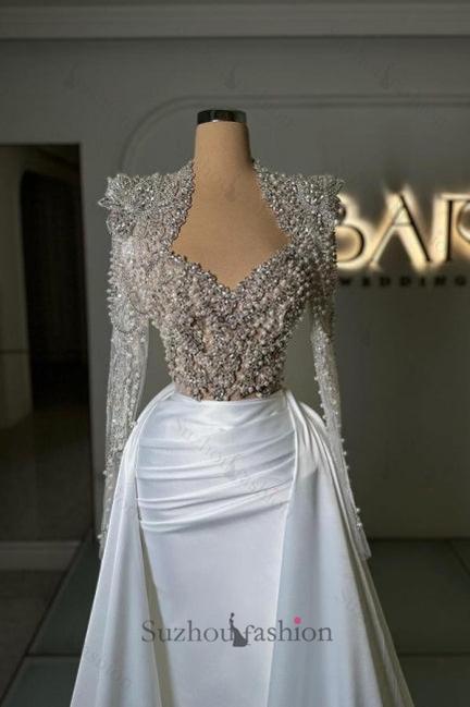 Column Tulle Satin Prom Dress Sweetheart Sleeve Formal Dress Panel Train With Rhinestone