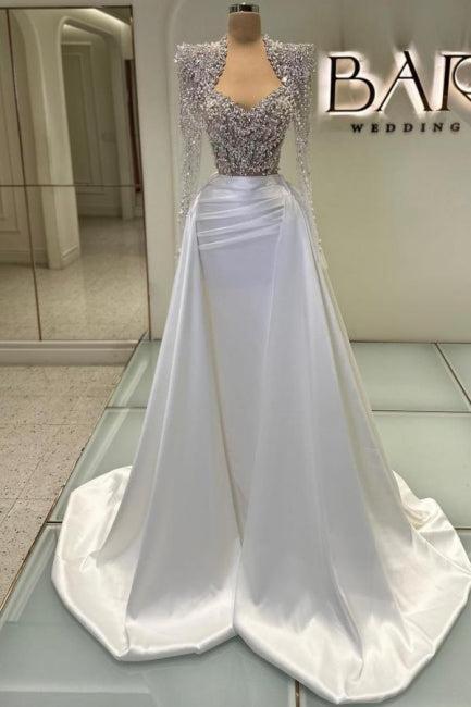 Column Tulle Satin Prom Dress Sweetheart Sleeve Formal Dress Panel Train With Rhinestone