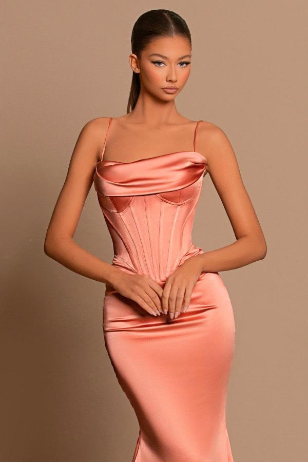 Coral Spaghetti Straps Prom Dress Mermaid Sleeveless