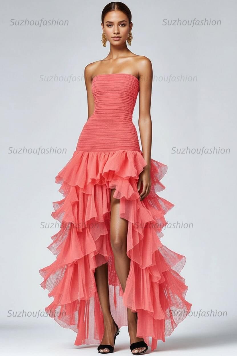 Black Wedding Guest Dress Strapless Tulle Long Ruffled Formal Dress With Slit