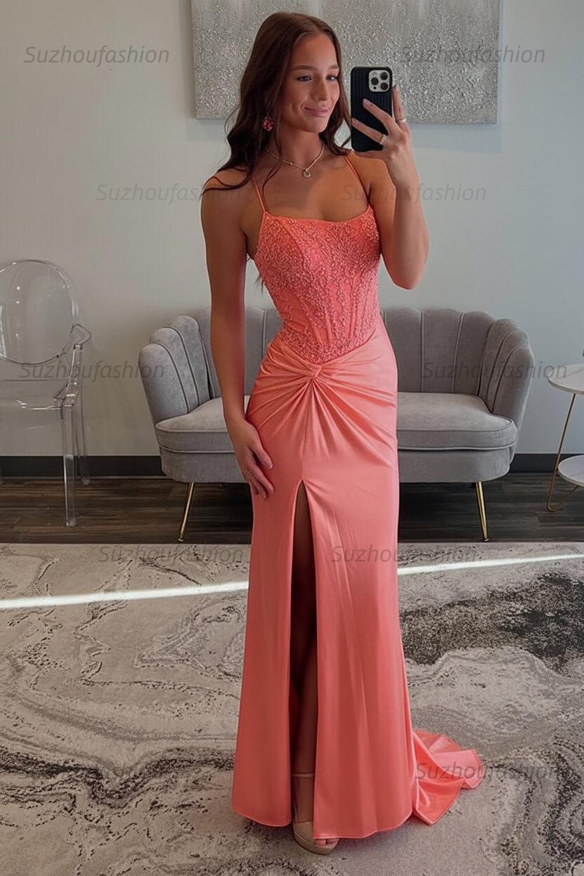 Red Prom Dress Spaghetti Straps Ruhed Long Lace Formal Dress With Appliques